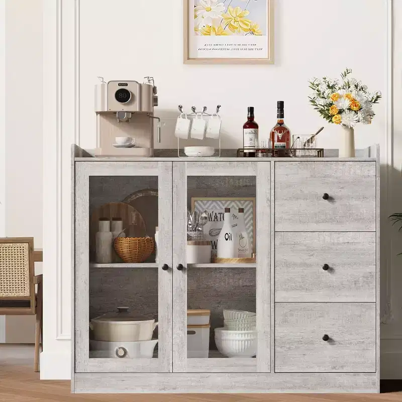 Gray 43 Buffet Sideboard Cabinet & Storage Dresser with Guardrail Design, Adjustable Shelves and 3 Drawers for Kitchen, Dining & Living Room