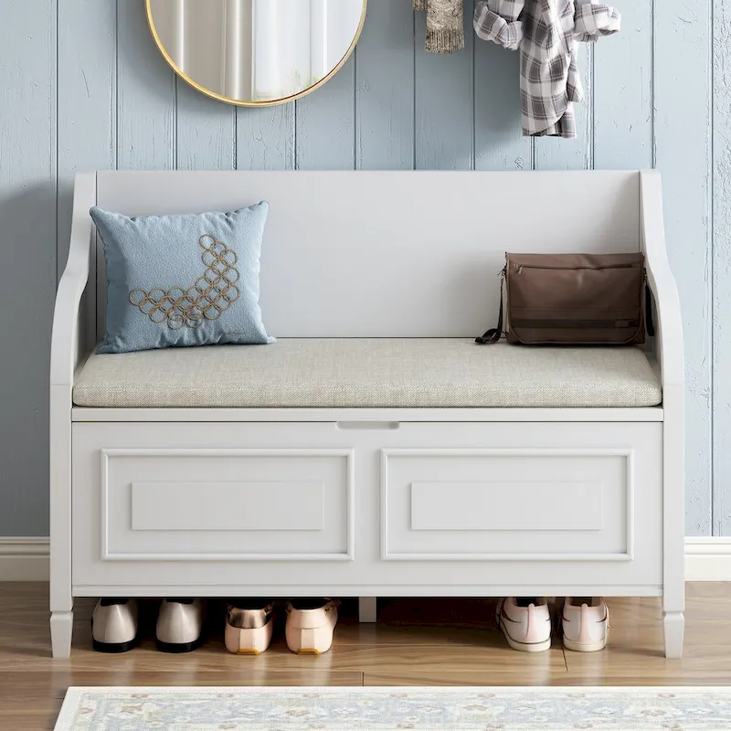 Rustic Solid Wood Entryway Storage Bench with Safety Hinge