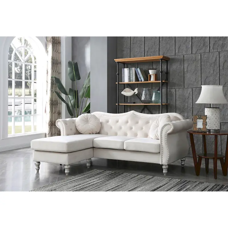 Hollywood 81 in. Velvet Chesterfield Sectional Sofa with 2-Throw Pillow - 81L x 35W x 34H