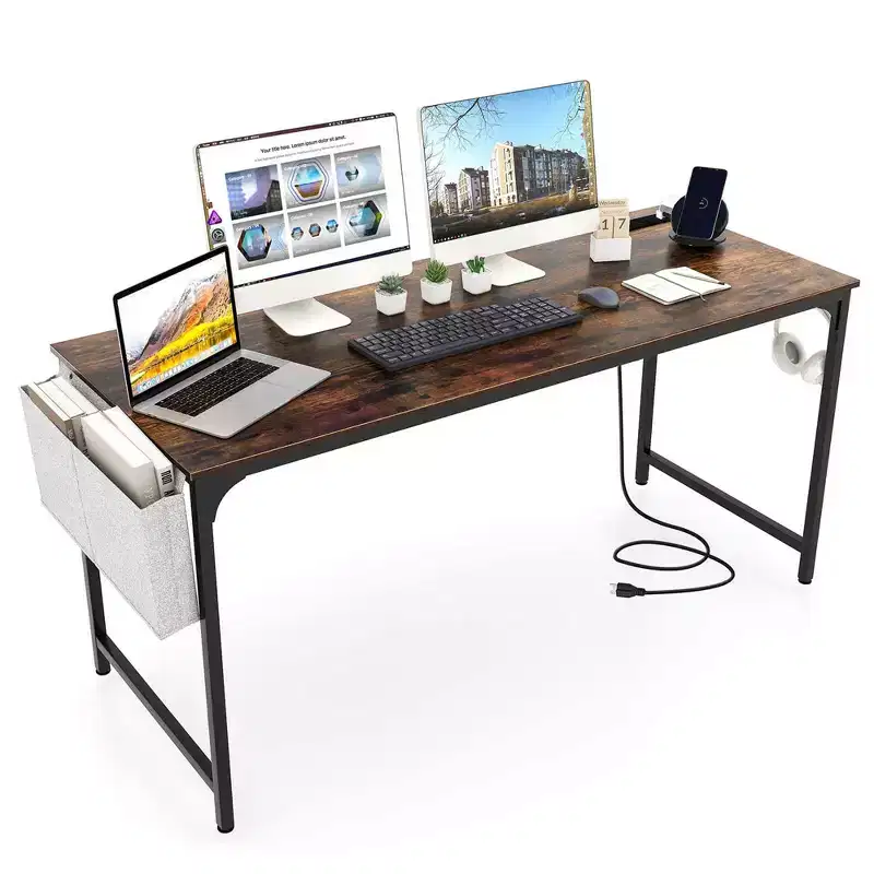Costway 60 Modern Computer Desk with Charging Station with Storage Bag & Headphone Hook Borwn
