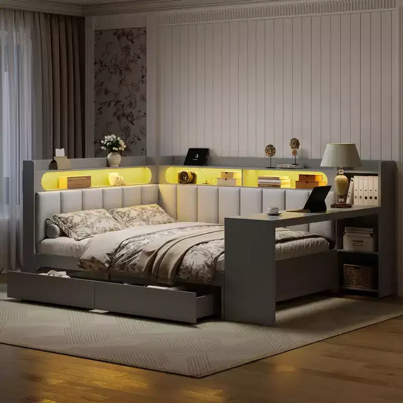 Full Size Daybed with Storage Shelves, Drawers, Charging Station, LED Light, Desk and Upholstered Headboard