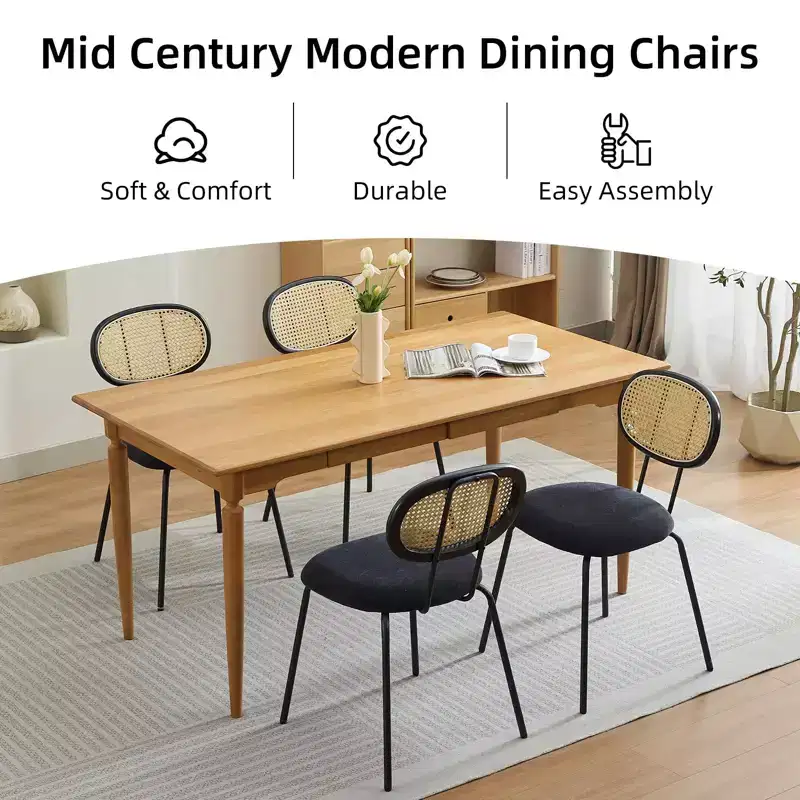 Dining Chairs Set of 2 - Mid-Century Modern Velvet Upholstered, Rattan Backrest, Sturdy Metal Legs, Perfect for Kitchen, Living Room, Reception