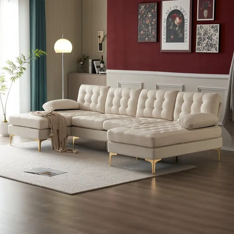 U-shaped Soft-Covered Armrest Backrest Seat Sectional Sofa Beige