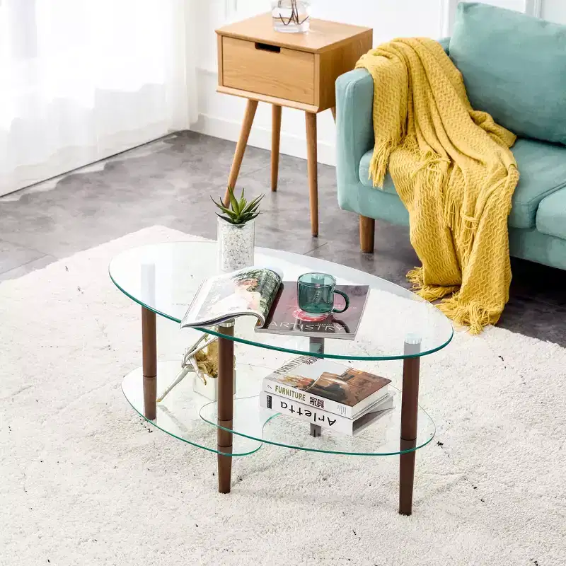 Transparent Oval Glass Coffee Table with Oak Wood Legs, 3-Layer Modern Table for Living Room