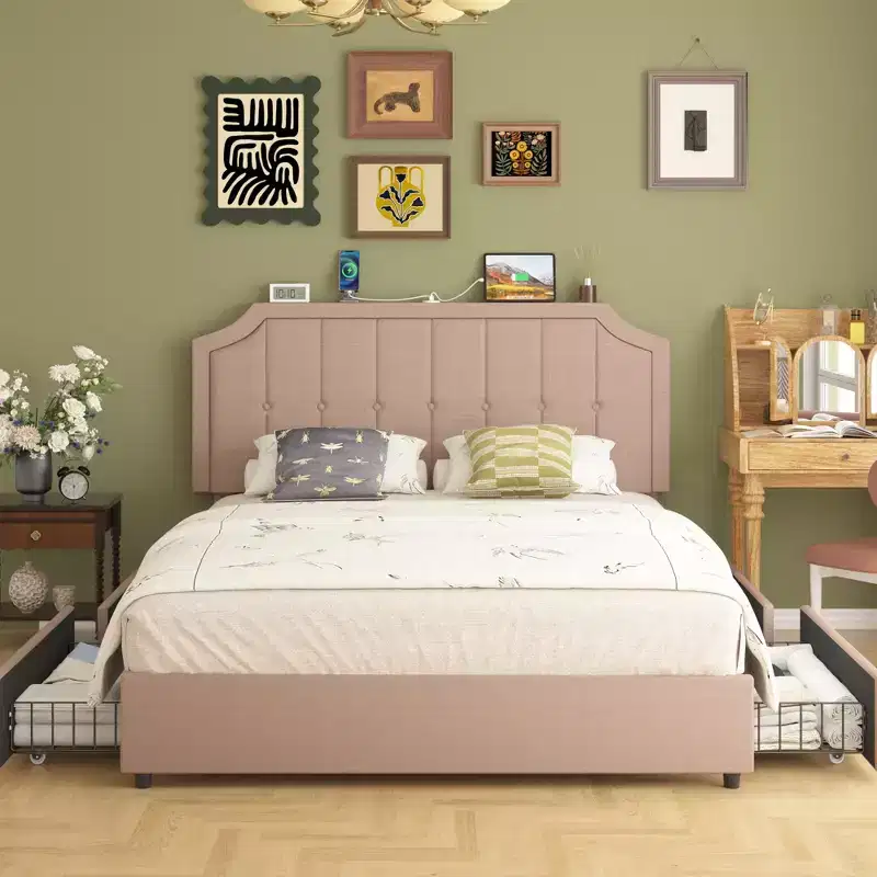 Queen/Full Size Bed Frame with Storage Drawers & Charging Ports, Upholstered Platform Bed Frame with Adjustable Headboard, Beige