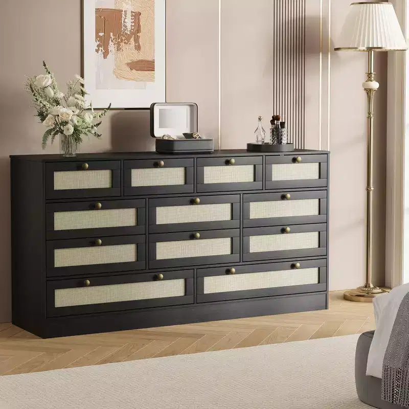Coolmee Wood Dressers for with 12 Rattan Drawers, 61 Wide Chest of Drawers, Hallway, Wooden Closet Dressers, Modern TV Stand Dresser for 65 Inch TV