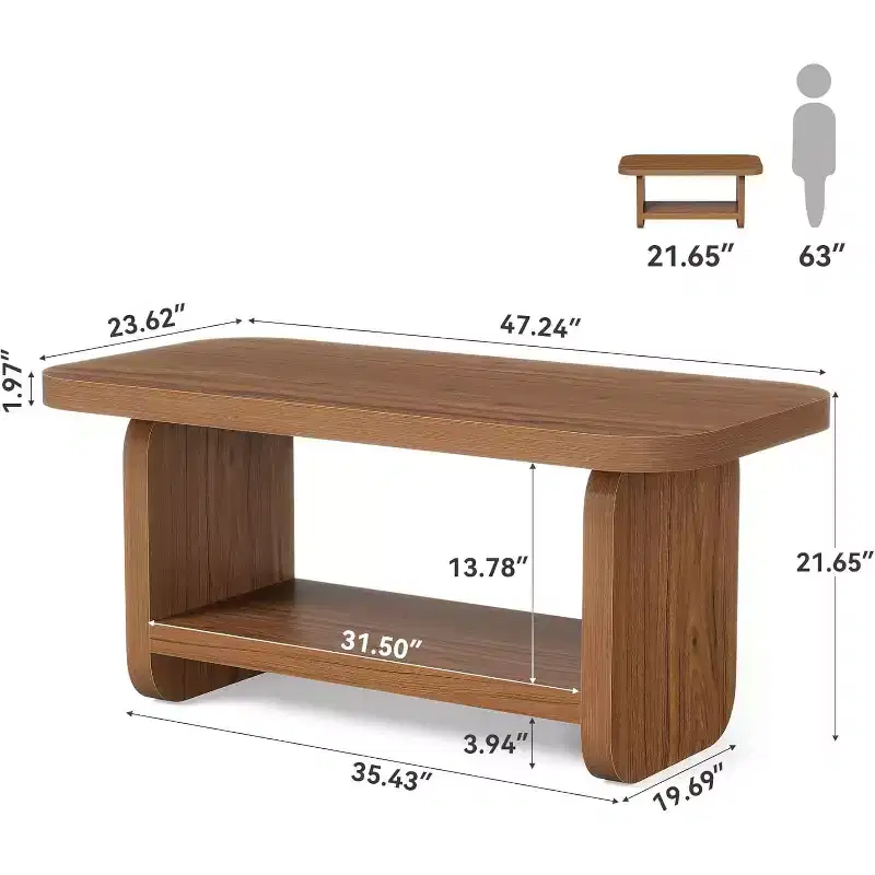 Lantine 2-Tier 47.2 Coffee Table with Storage, Square Modern Farmhouse Table for Living Room, Bedroom, Kids Room, 47.24 W x 23.62 D, Brown