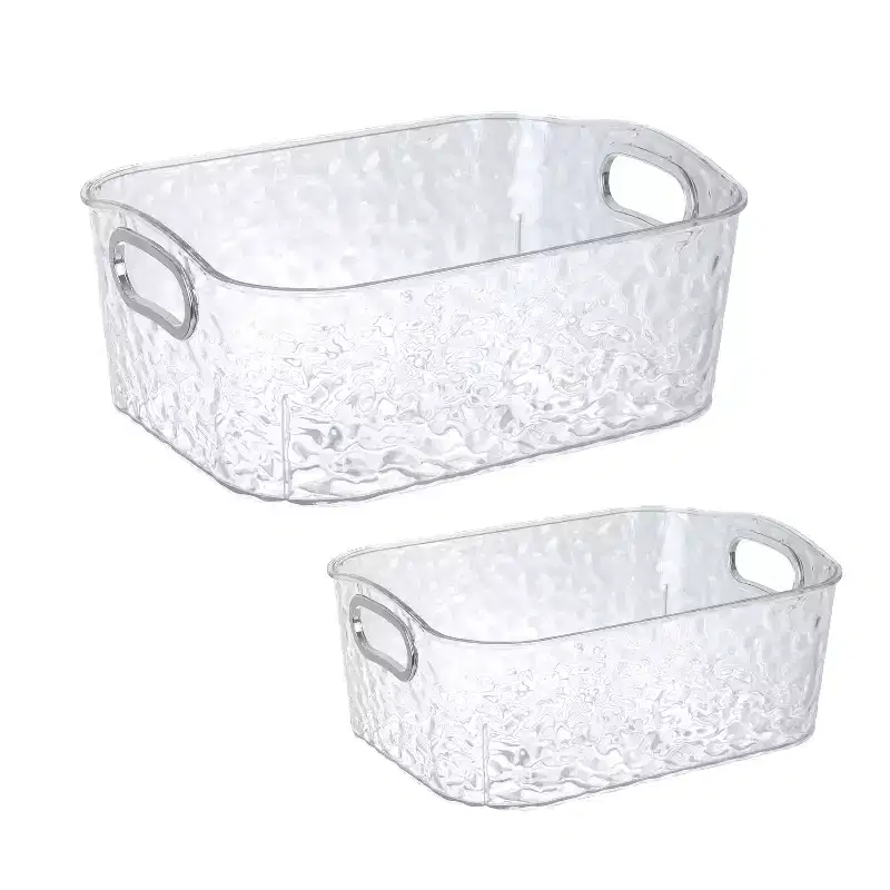 2 Pack Clear Storage Bins with Silver Handles, Container Bins for Organizing - Bathroom, Kitchen, Pantry, Closet, Vanity - 2 Sizes