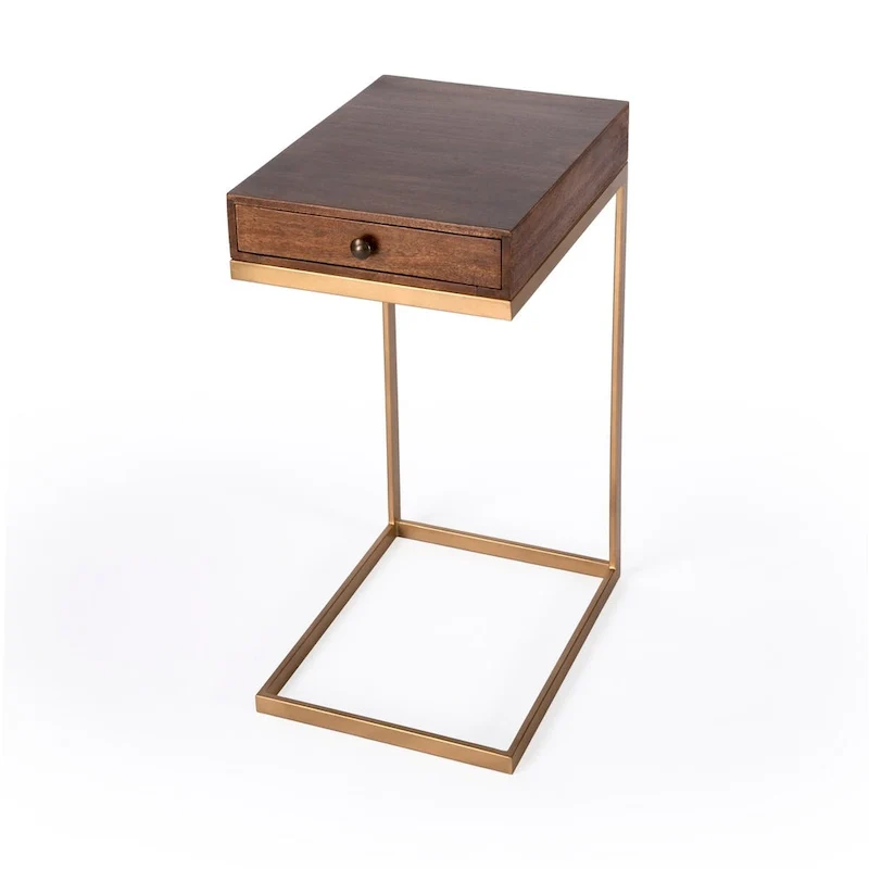 Brown Walnut Mango Wood C-Shape End Table with Gold Iron Frame and 1 Drawer for 1 Person