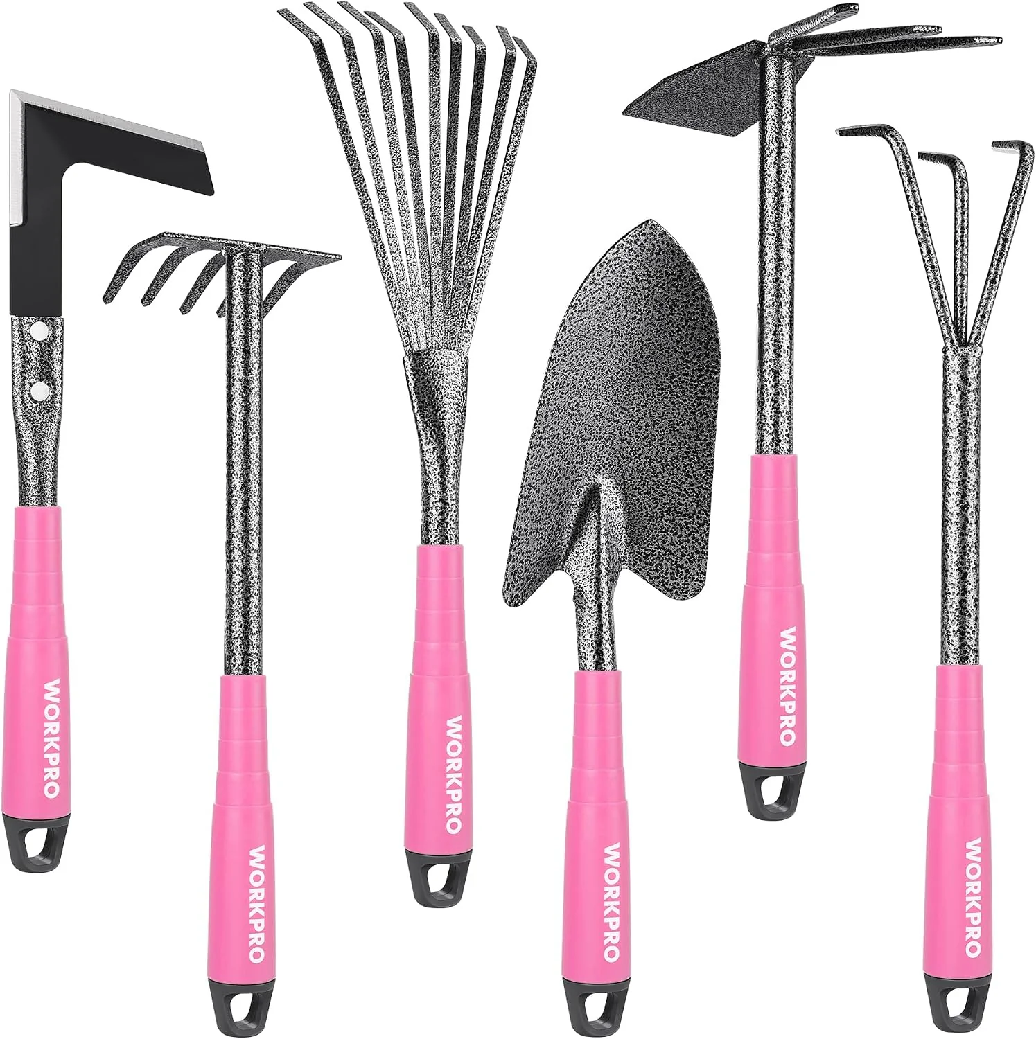 6-Piece Garden Tool Set with Soft Rubber Handle, Trowel, Rakes, Hoe and Crack Weeder