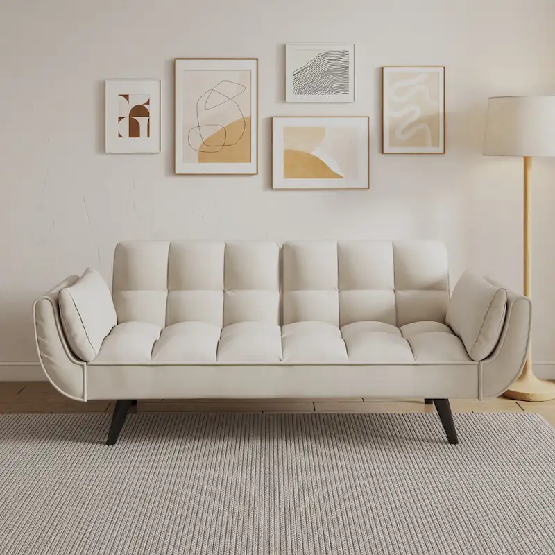 57 Sofa Bed,Polyester Blend Comfy Futon Couch Bed with 2 Square Pillows, Convertible Sleeper Sofa with Adjustable Backrest