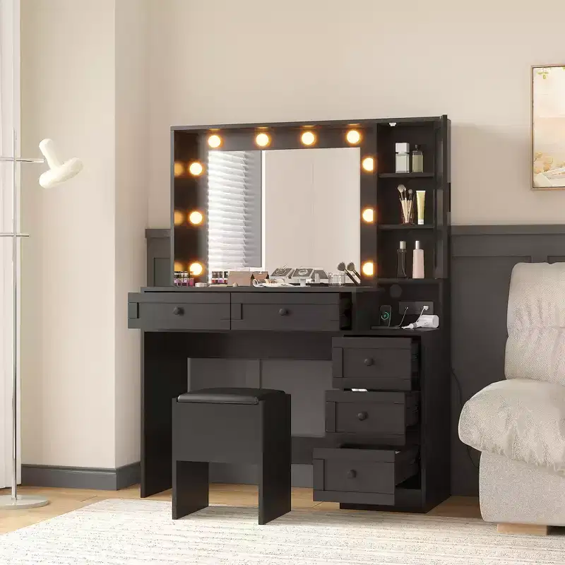 COZONY Makeup Vanity Desk with Mirror & Stool, Vanity Table Set with Drawers & Hidden Storage Shelves