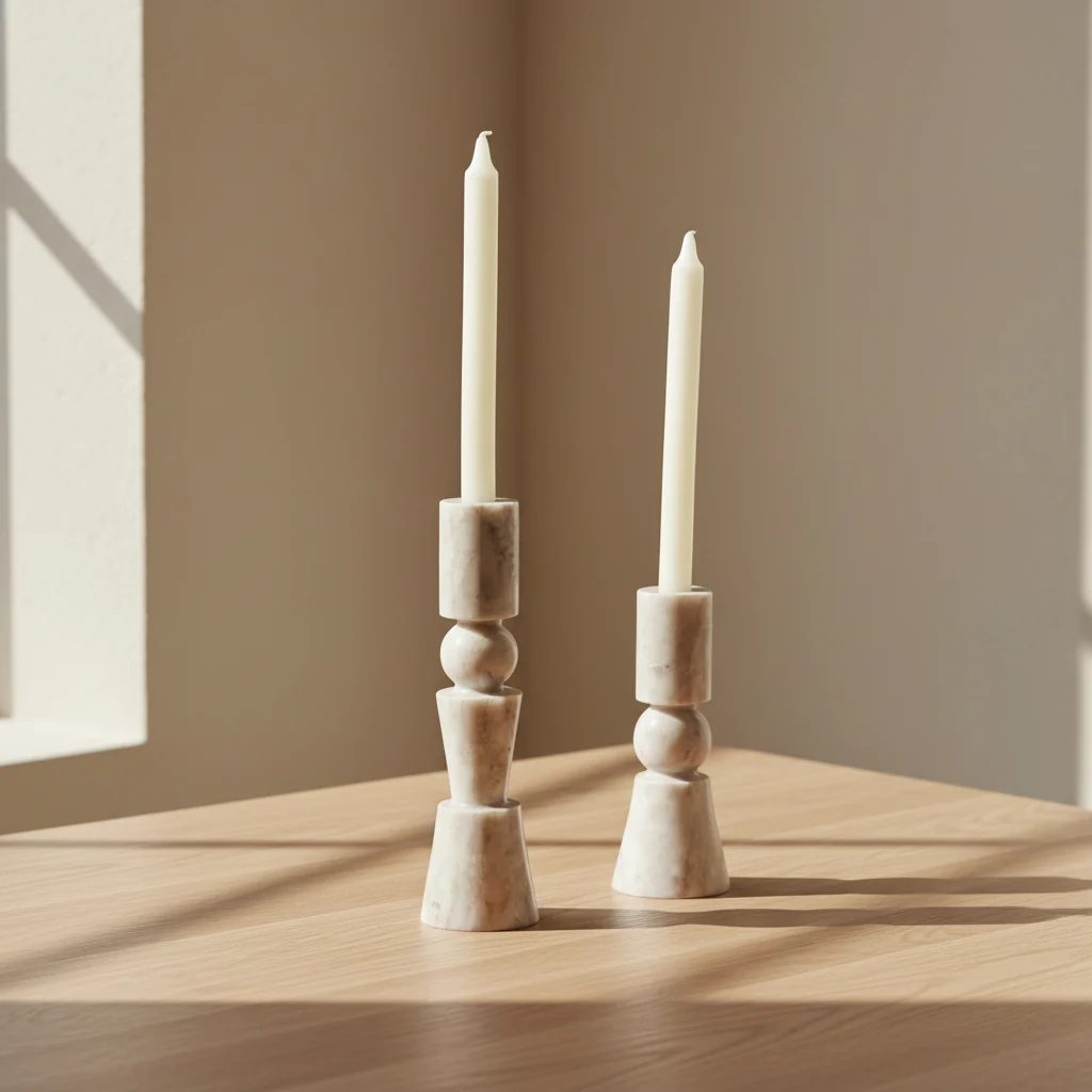 Classical Marble Taper Candlestick with Geometric Pattern in Creamy Taupe for Dining Room & Living Room