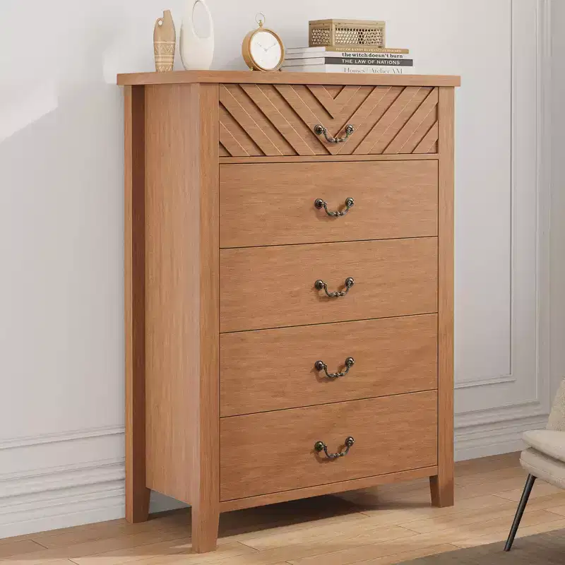 Farmhouse 5 Dresser for Bedroom, 5 Chest of Drawers Nightstand with Elegant V Shape Design,for Bedroom