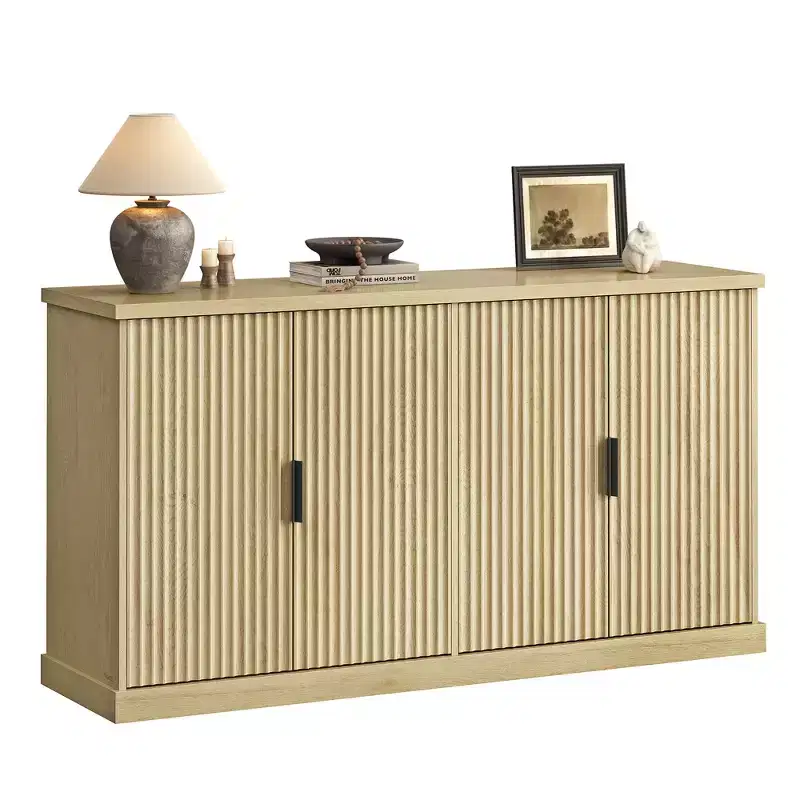 Fluted 4-Door Sideboard Cabinet – Oak Beige / Washed Gray