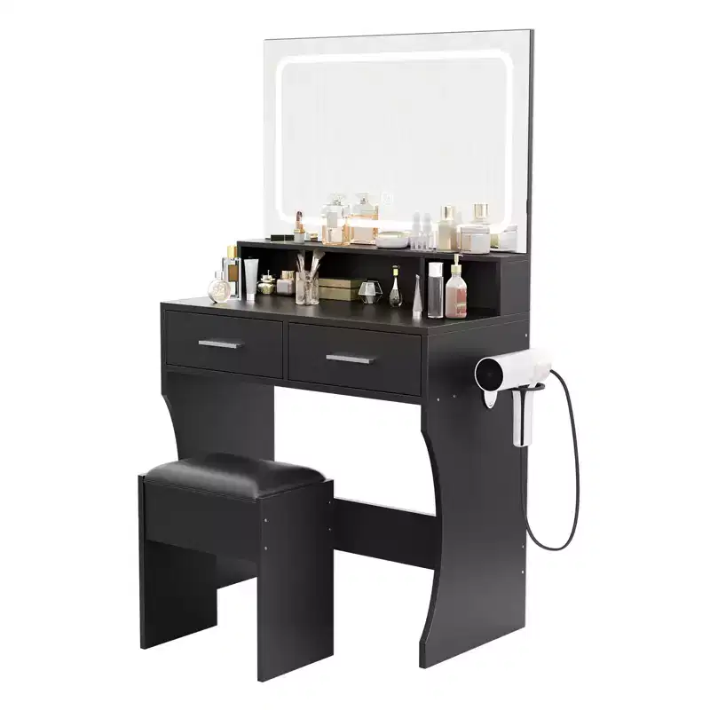 Vanity Desk with Mirror, Makeup Vanity Table Set with Drawers, Stool, Wood Make Up Dressing Table