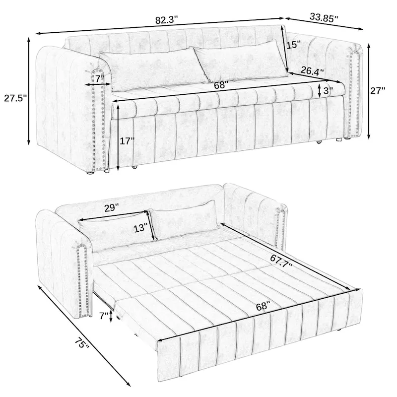 Modern 68 Foam 3 in 1 Pull-Out 3-seaters Bed Sleeper Sofa with Copper Nails and Two Drawers