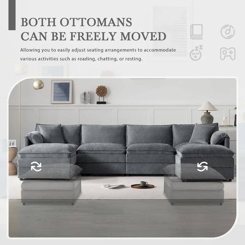136 U-Shaped Chenille Cloud Sectional Sofa with Dual Ottomans