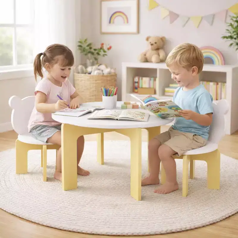 Kids Table and Chair Set, 3-Piece Toddler Table with 2 Chairs, Cute Bear-Back Chairs, Sturdy Wooden Activity Table Set for Kids, Playroom, Bedroom