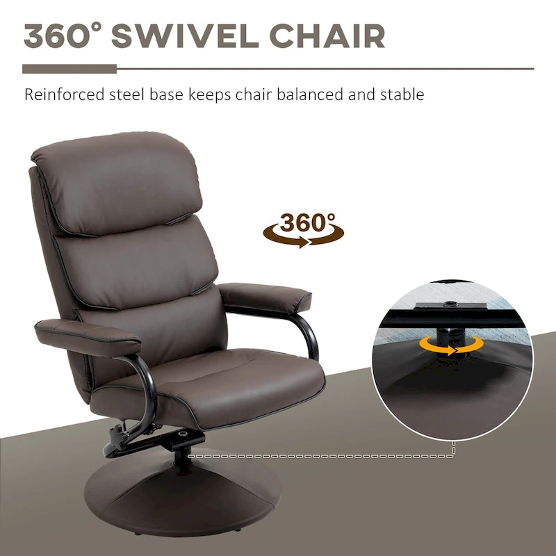 HOMCOM Recliner Chair with Ottoman, Swivel PU Leather High Back Armchair w/ Footrest Stool, 135 Adjustable Backrest