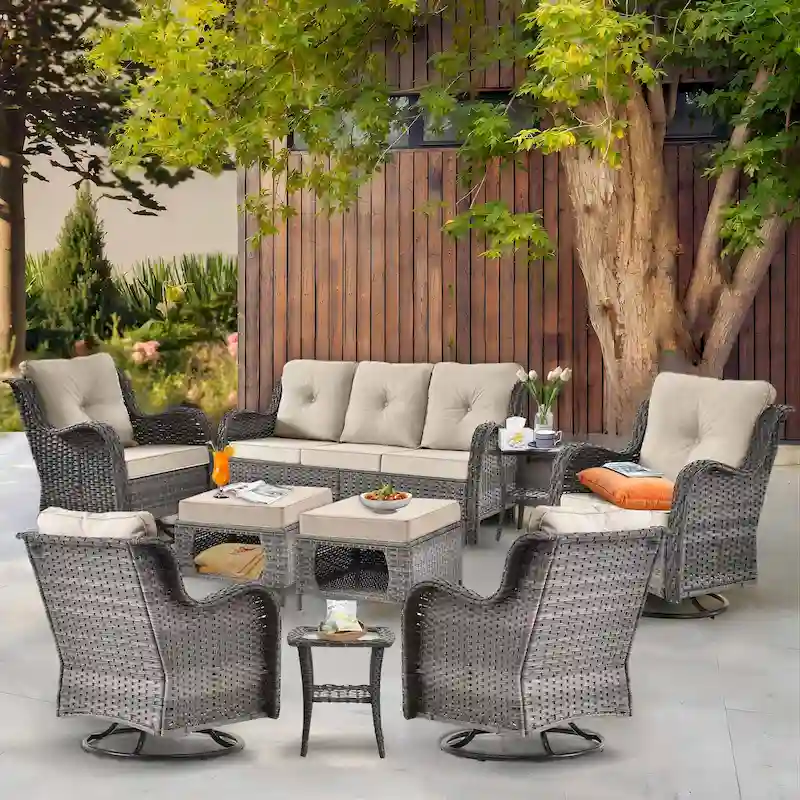 Rattan Outdoor Furniture Set-9 Piece Outdoor Patio Furniture Set with Swivel Chairs
