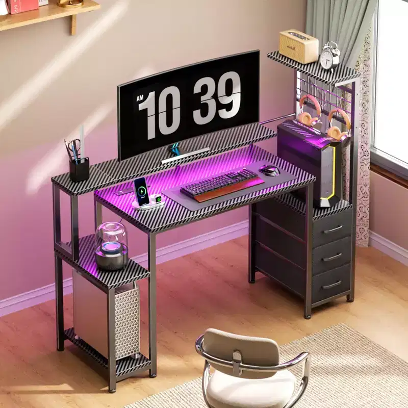 48 Inch Gaming Desk with Fabric Storage Drawers and Monitor Stand Reversible Computer Desk Gamer Table Carbon Black for Home Office Bedroom PC Setup