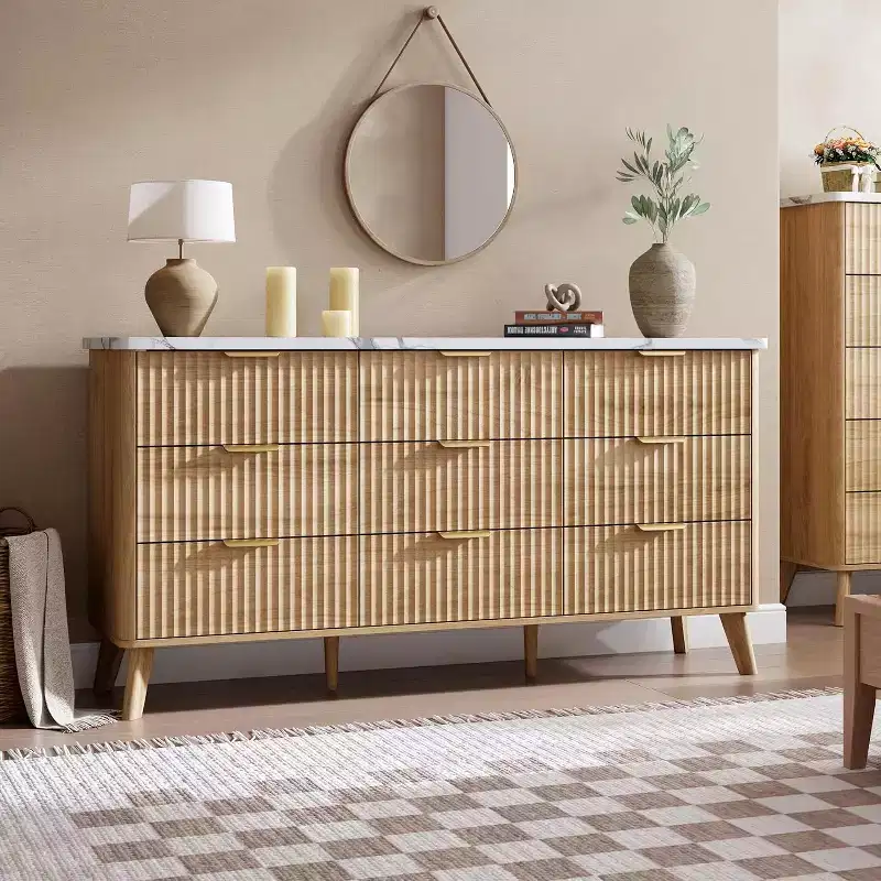 9 Drawers Dresser for Bedroom, 60.6 Wide Dressers with Curved Profile Design, Fluted Wood Drawers, Modern Chest of Dressersfor Living Room