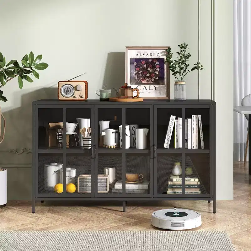 Tall Buffet Cabinet with Glass Doors & Adjustable Shelves, Sideboard Pantry Cupboard for Kitchen & Dining Room