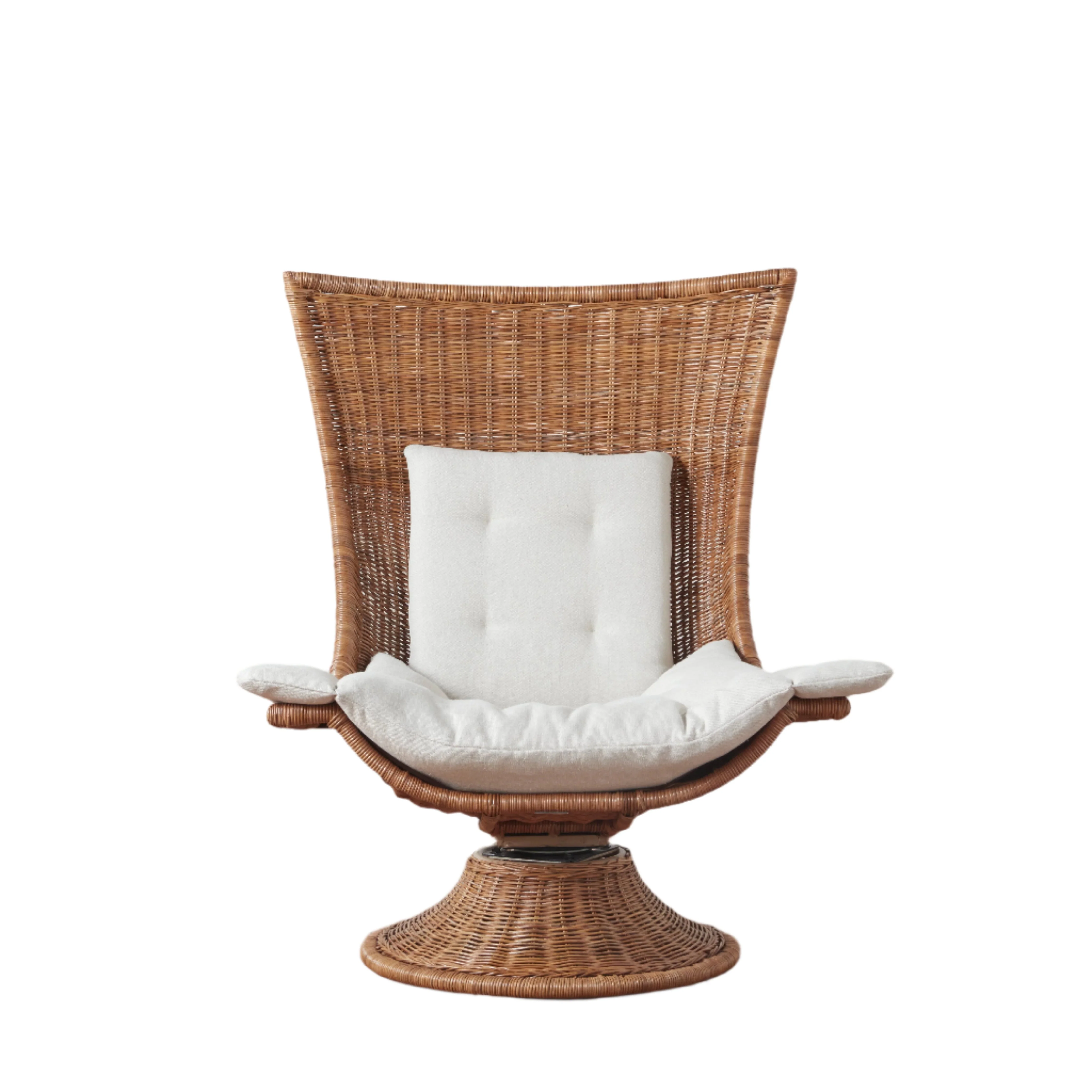 High-Back Handwoven Indonesian Rattan & Boucle Outdoor Swivel Chair with Upcycled Cushion for Patio