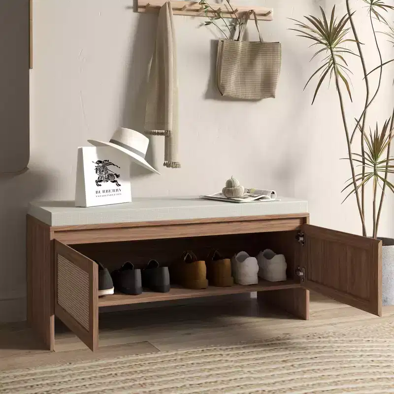 Boho Style PP Rattan Storage Shoe Bench with Cushion,Sturdy Wooden Entrayway Bench for Seating and Storage,2-Door Shoe Organizer