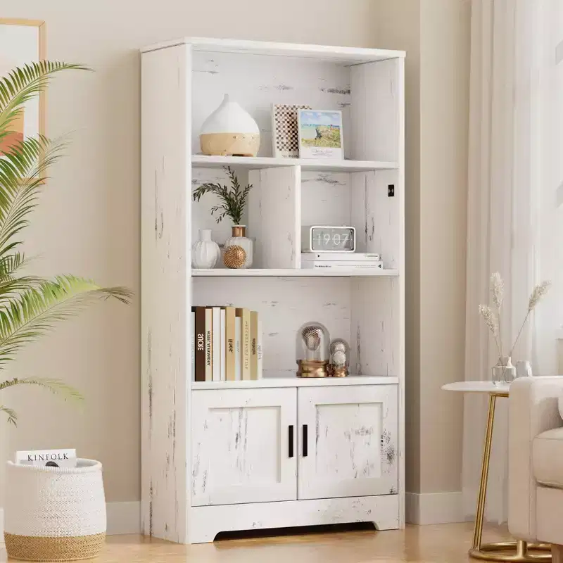 3-Shelf Bookshelf with LED Lights & Doors, Farmhouse Bookcase with Wooden Display for Bedroom Living Room Home Office