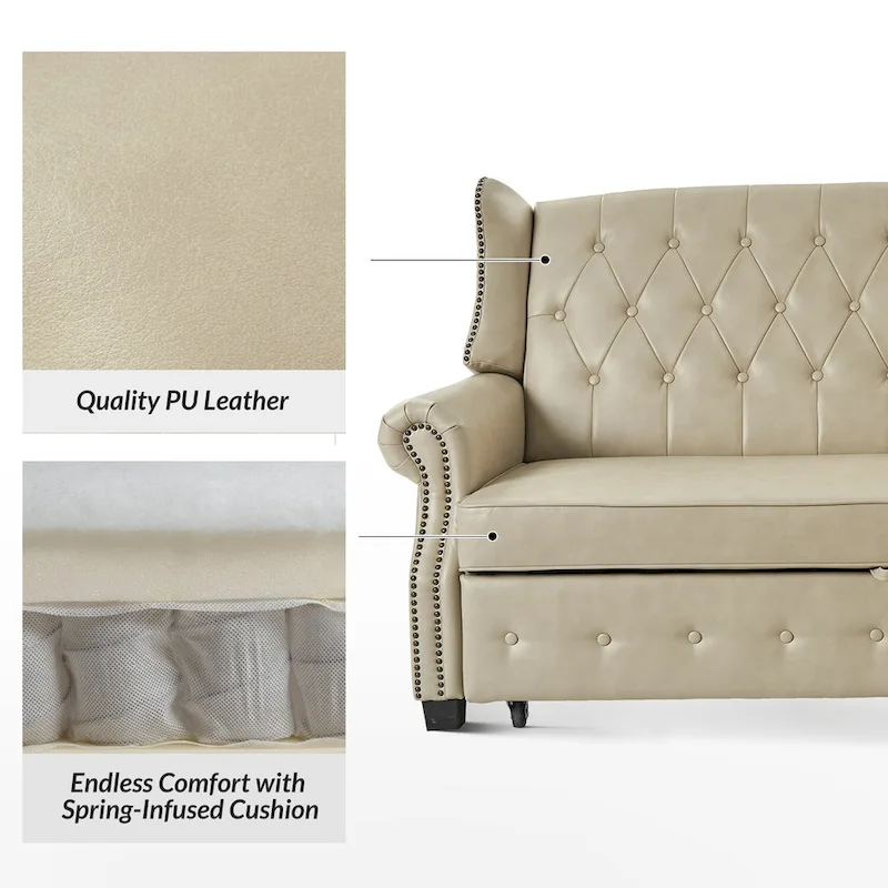 Ruedi Transitional 73.6 Vegan Leather Sofa Bed with Tufted Back and Nailhead by HULALA HOME