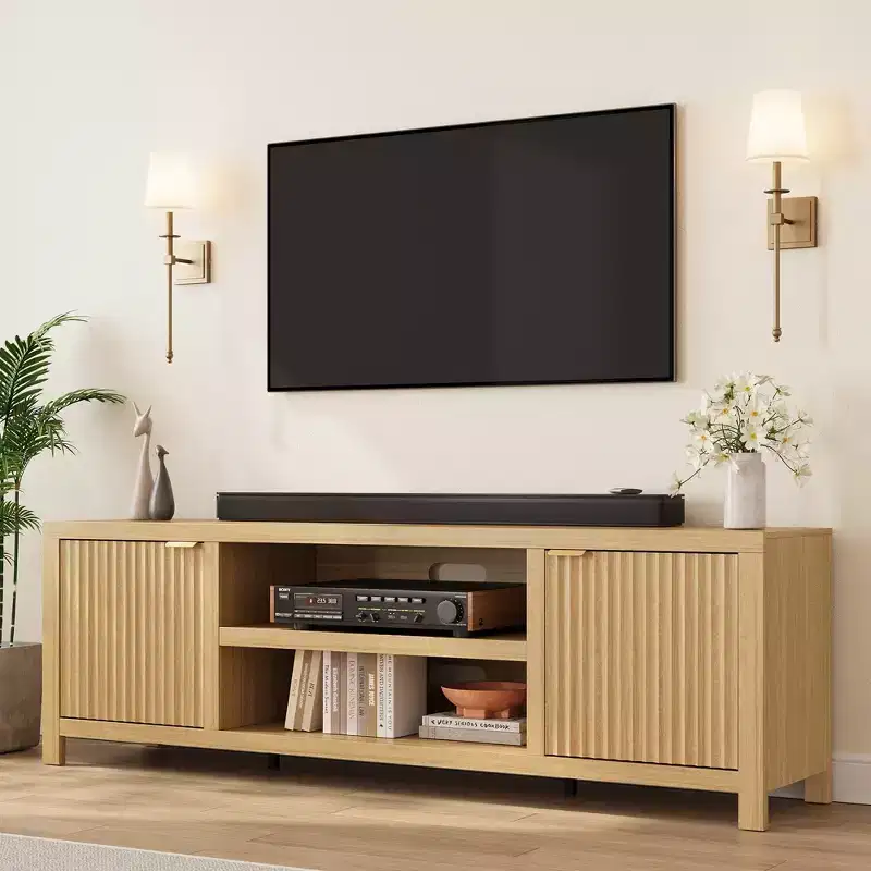 Garvee Fluted TV Stand for 80 Inch, Modern Entertainment Center with Storage, Wooden Media Cabinet with Fluted Door for Living Room