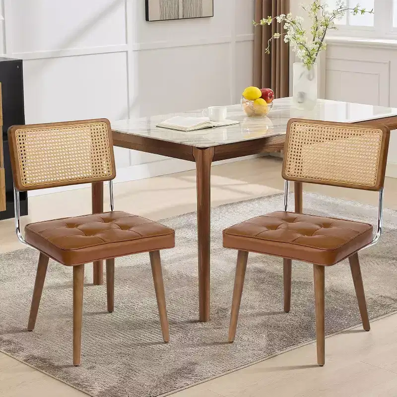 Natural Rattan Dining Chair Set of 2, Modern Bohemian Style Kitchen Chairs with Full Wood Back and Legs and Upholstered Seat for Dining Room