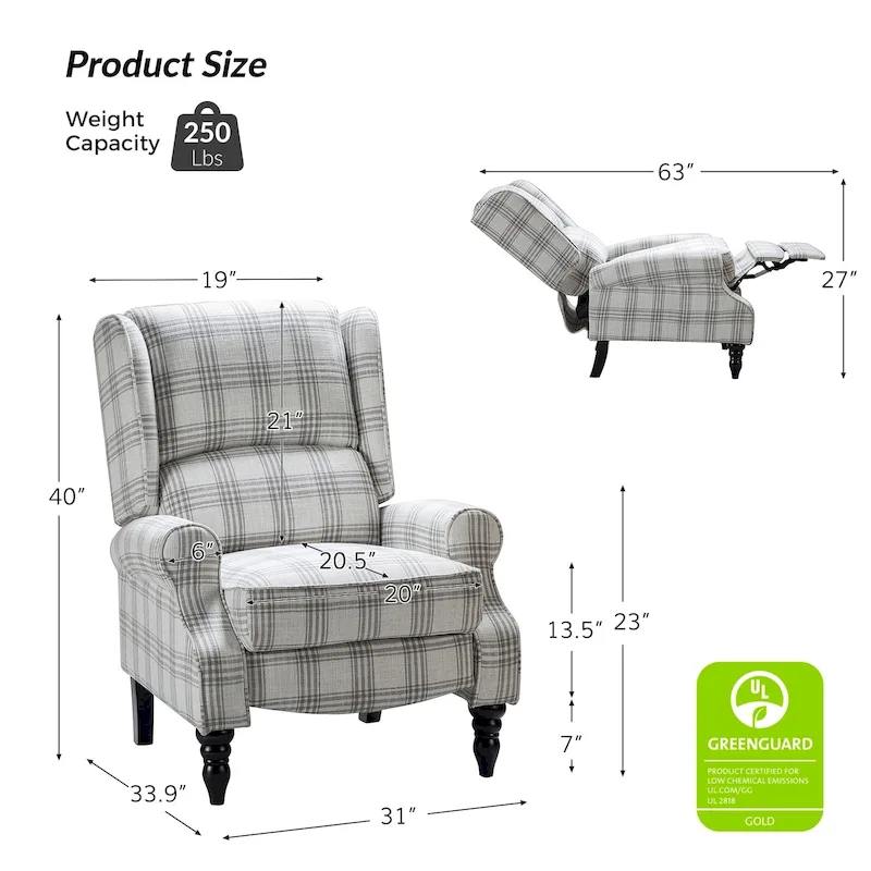 Olympus Upholstered Classic Manual Wingback Recliner with Solid Wood Legs by HULALA HOME