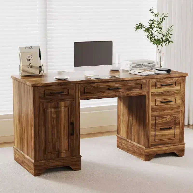 Farmhouse Home Office Executive Desk with Storage, Wooden Writing Desk with 5 Drawers & Cabinet, Rustic Computer Table for Living Room Bedroom Study