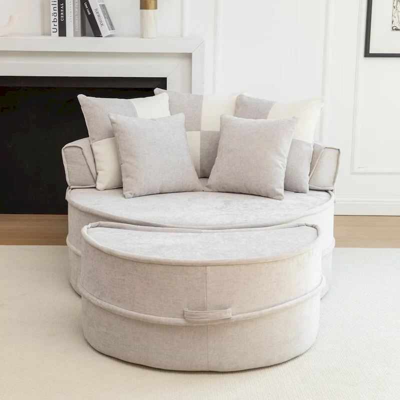 Modern Round Barrel Accent Chair with Ottoman - Velvet Lounge Sofa