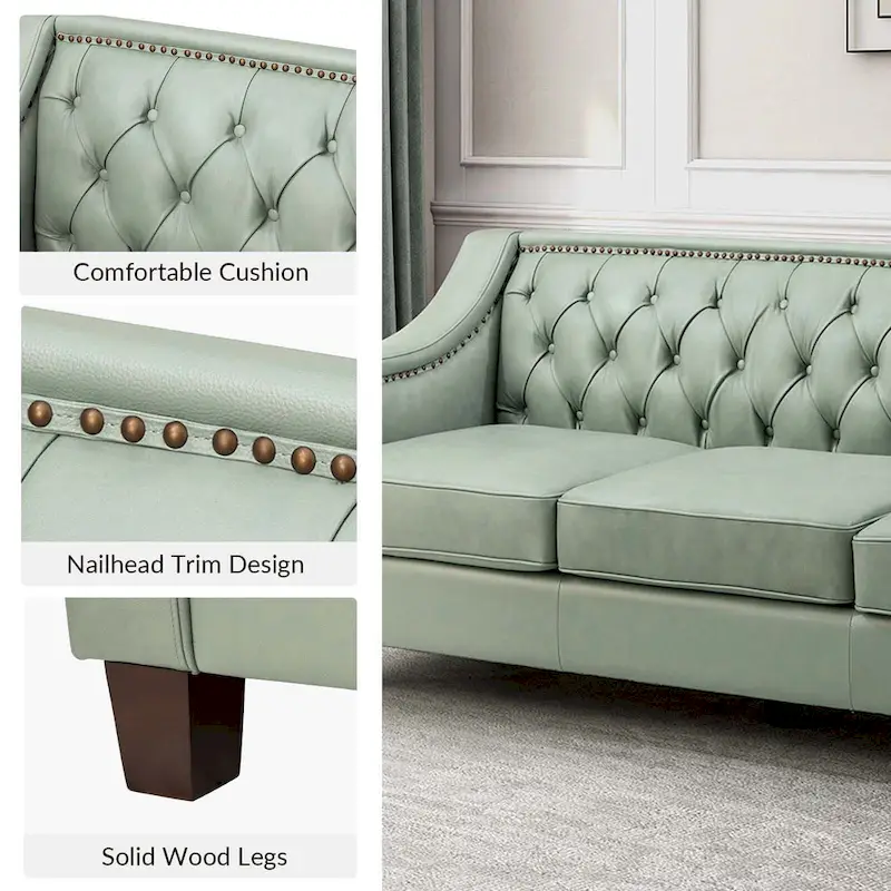 Mateo 82.28 Wide Transitional Genuine Leather Sofa with Nailhead Trim and Button-Tufted Back