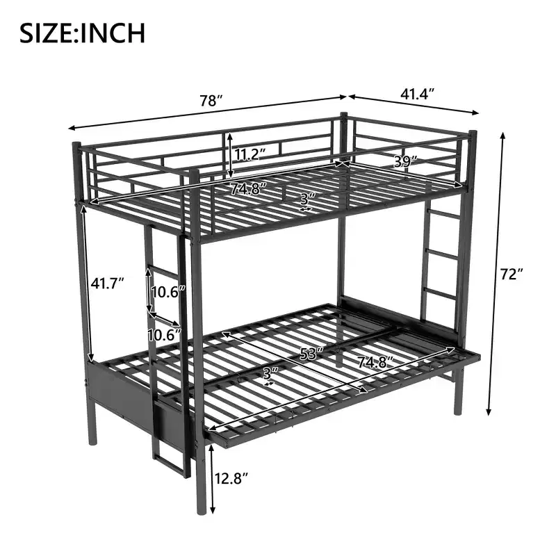 Twin over Full Metal Bunk Bed with Ladder and Guardrails, Down Bed Can be Converted Into Daybed, Multi-Function, Black