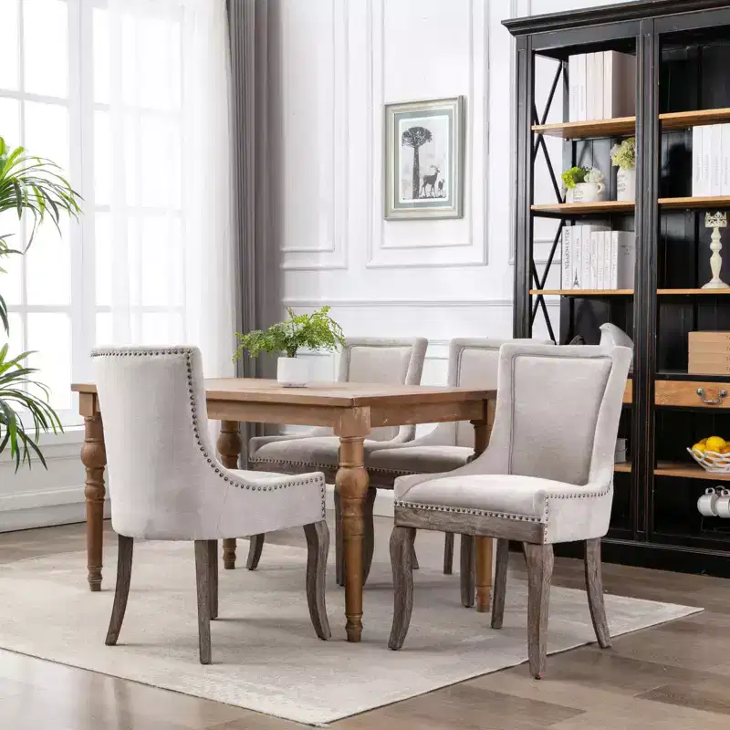 Okak Retro Dining Chairs Set of 2, Comfy Fabric Chairs with Thick Cushions, Kitchen Side Chairs with Solid Wood Legs Bronze Nail Head