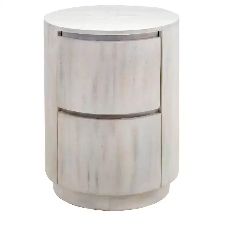 24 White Solid Wood Round Drum End Table With Two Drawers