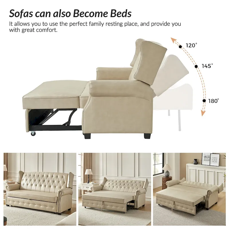 Ruedi Transitional 73.6 Vegan Leather Sofa Bed with Tufted Back and Nailhead by HULALA HOME