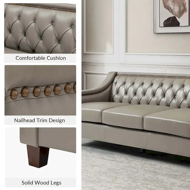 Mateo 82.28 Wide Transitional Genuine Leather Sofa with Nailhead Trim and Button-Tufted Back