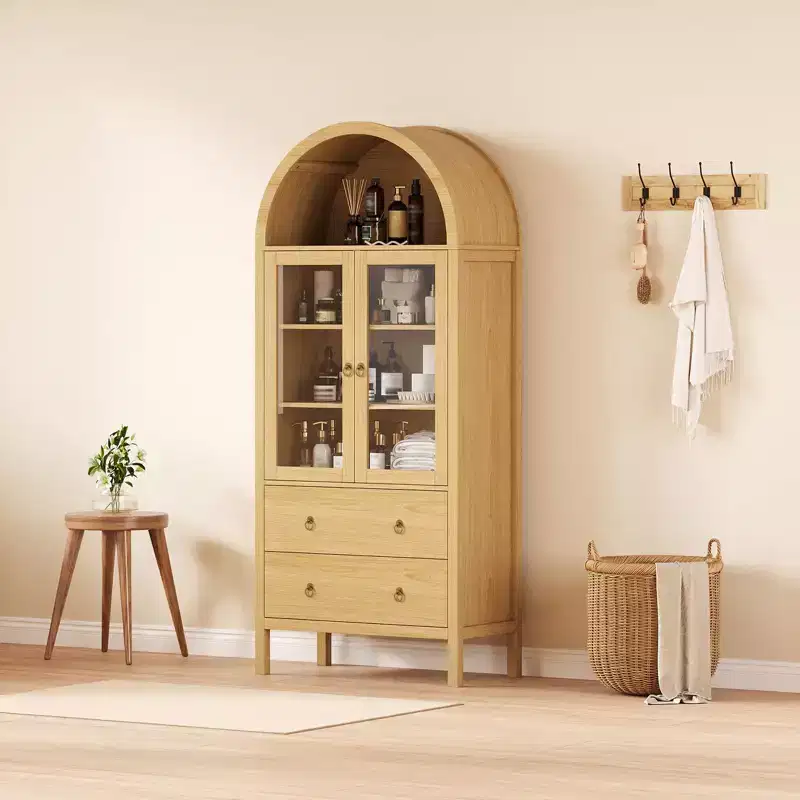 TROPOW 71 Tall Arched Kitchen Pantry Cabinet, Modern Wood Arched Cabinets with Tempered Glass Doors & 2 Large Drawers and Adjustable Shelves Natrual