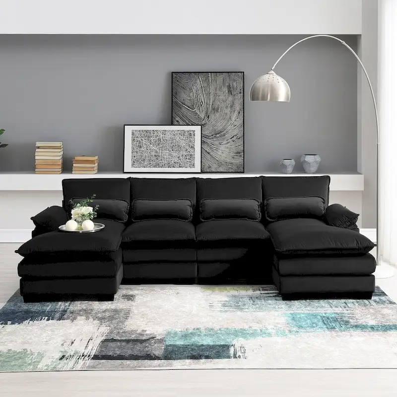 6-seat Upholstered Symmetrical Sofa Furniture U-shaped Sectional Sofa with Waist Pillows