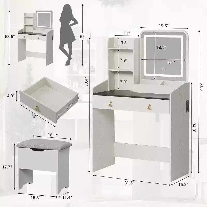 Acekool Vanity Desk with LED Mirror, Charging Station, 2 Drawers, Storage Stool, 3-Color Lighting, Small Makeup Table, White Black