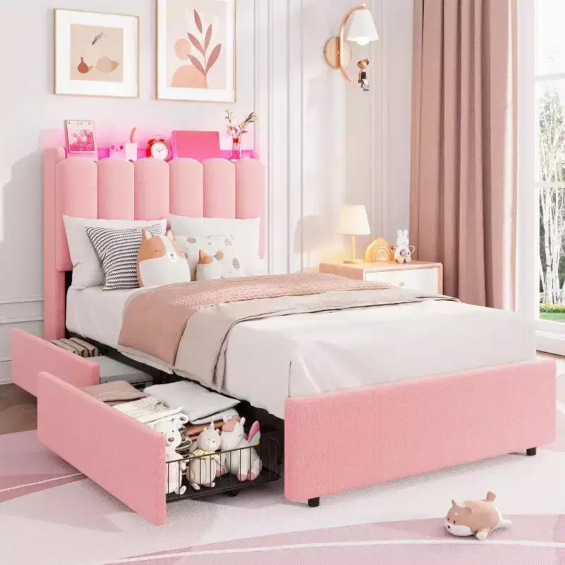 Full Size Girls Platform Bed with Wavy Headboard, 2 Drawers & RGB LED Lighting, Boucle Upholstered