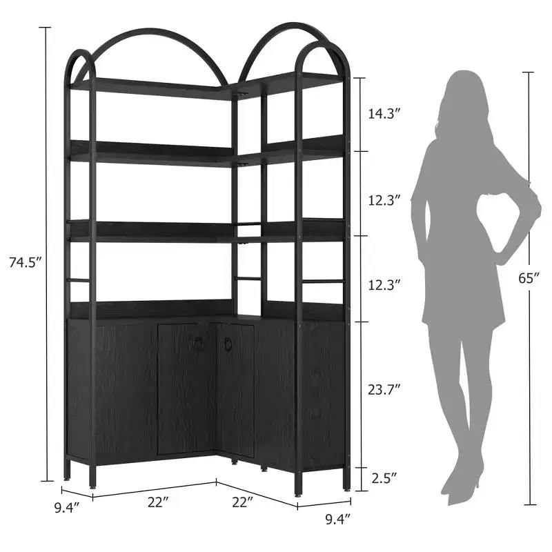 74.5 Tall Arched Corner Bookshelf with Cabinet,Freestanding Storage Bookcase with Adjustable Feet & Anti-Tip Kit for Office, Living Room