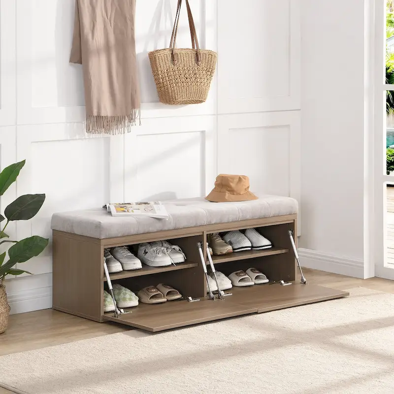 49 Shoe Storage Bench Entryway Shoe Cabinet Storage Ottoman with Padded Seat Cushion and Double Doors for Entryway, Bedroom