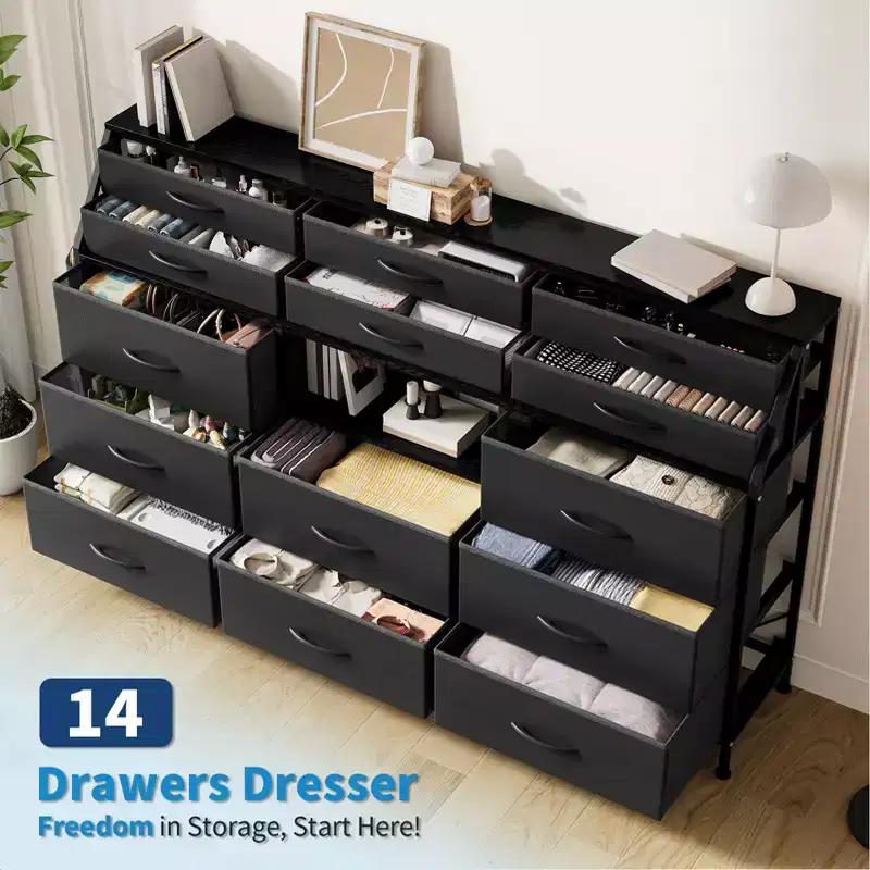 Black/White Dresser for Bedroom, 55 Wide Modern Dresser TV Stand 14 Fabric Drawer Organizer, Large Clothing Storage Cabinet for Hallway, Living Room